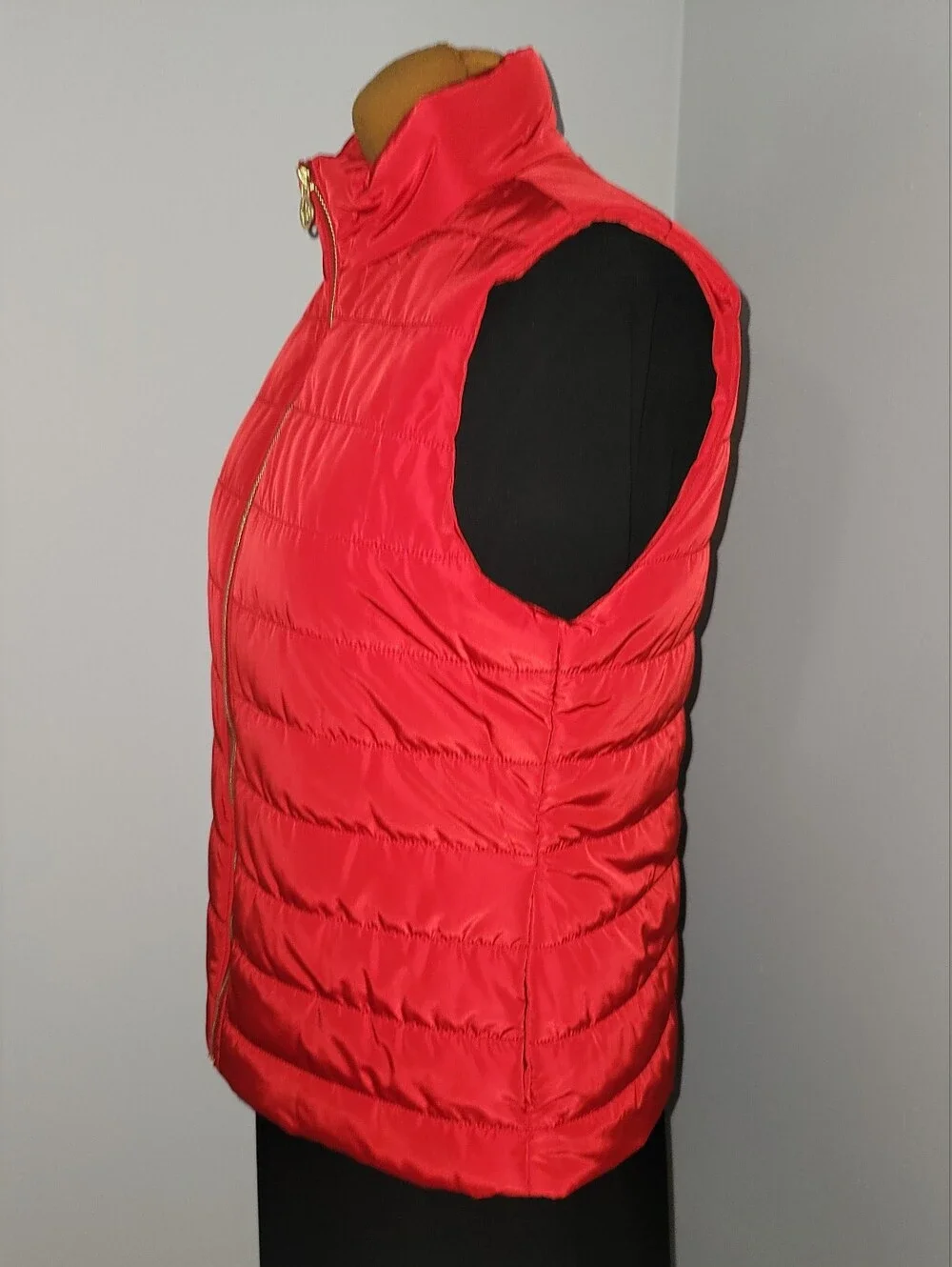 Michael Kors Red Quilted Puffer Vest with Gold Hardware and Side Seam Pockets